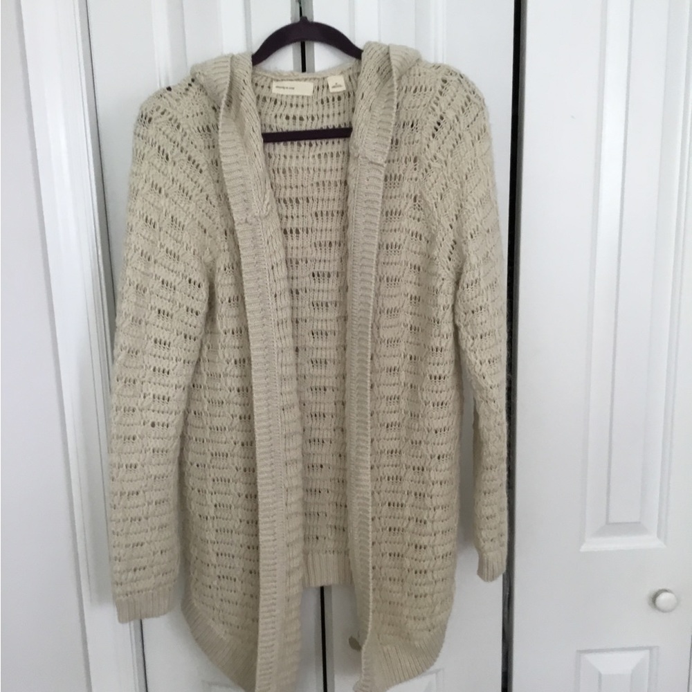 Open-Weave Hooded Cardigan Sweater - Cream